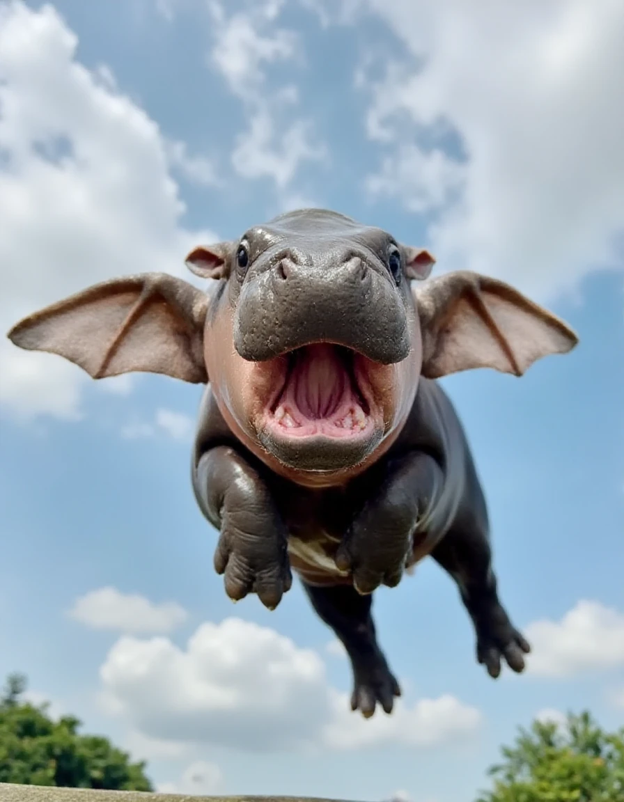 cute hippo is wearing angel wings flying on the sky