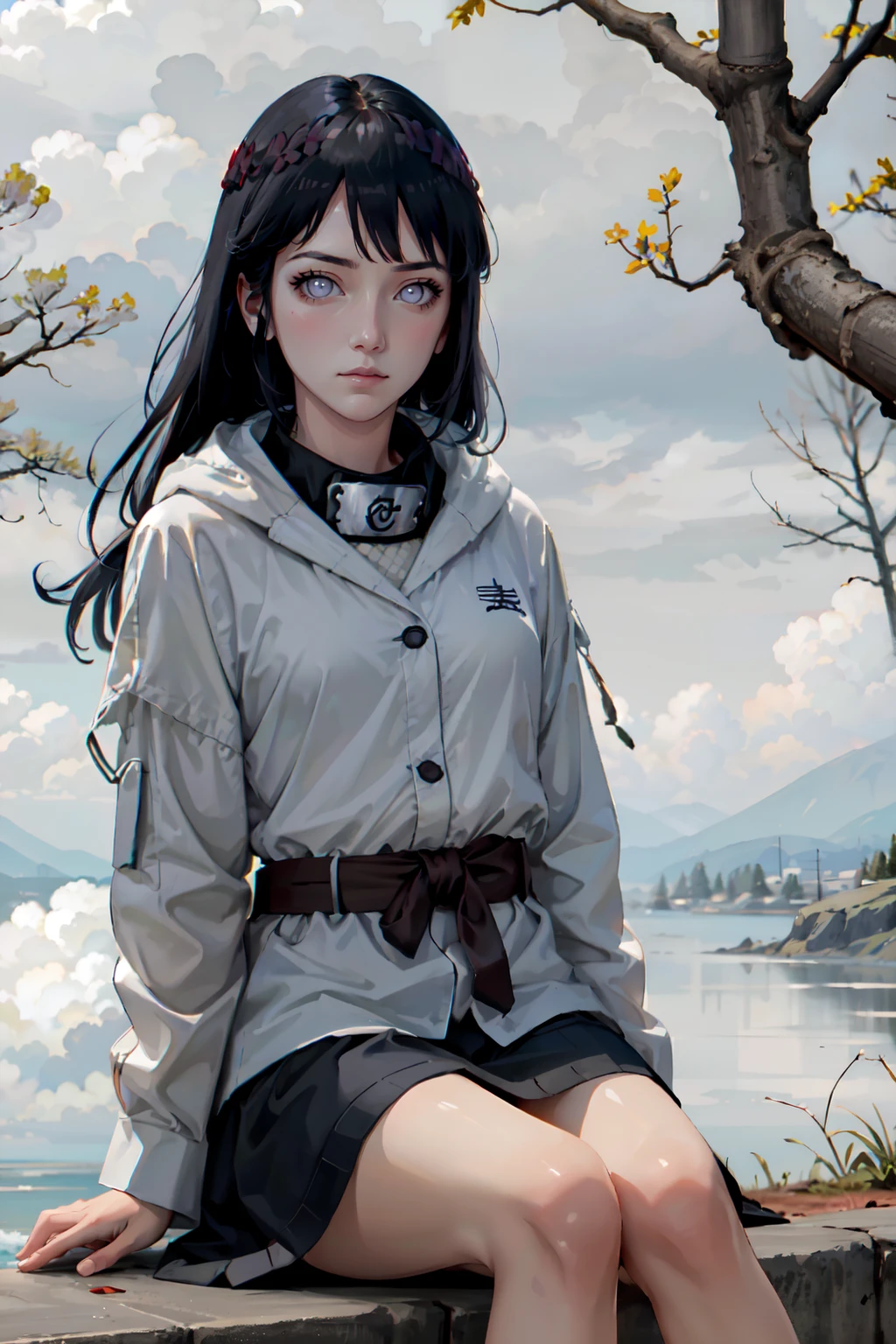 Horror-themed Hinata Hyuga, seated in the center of the image, dark and sinister expression, piercing lavender eyes with a subtle glow, slight smirk on her lips, long dark hair flowing around her, shadowy and eerie atmosphere, dim lighting casting shadows on her face, wearing her ninja outfit with darker and more ominous colors, subtle red and black energy aura around her body, looking directly at the viewer, mist swirling at her feet, background with dark, twisted trees and fog, sense of tension and impending danger, dramatic contrast between light and shadow, 1girl, hyuuga hinata, naruto \(series\), hinata,  <lora:hinata-03:1> . Eerie, unsettling, dark, spooky, suspenseful, grim, highly detailed