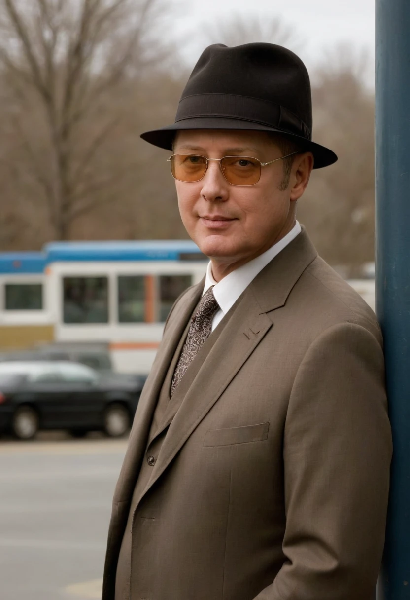 portrait,<lora:RR_SDXL:1>,raymond reddington,man,hat,glasses,suit,smirk,bus stop,