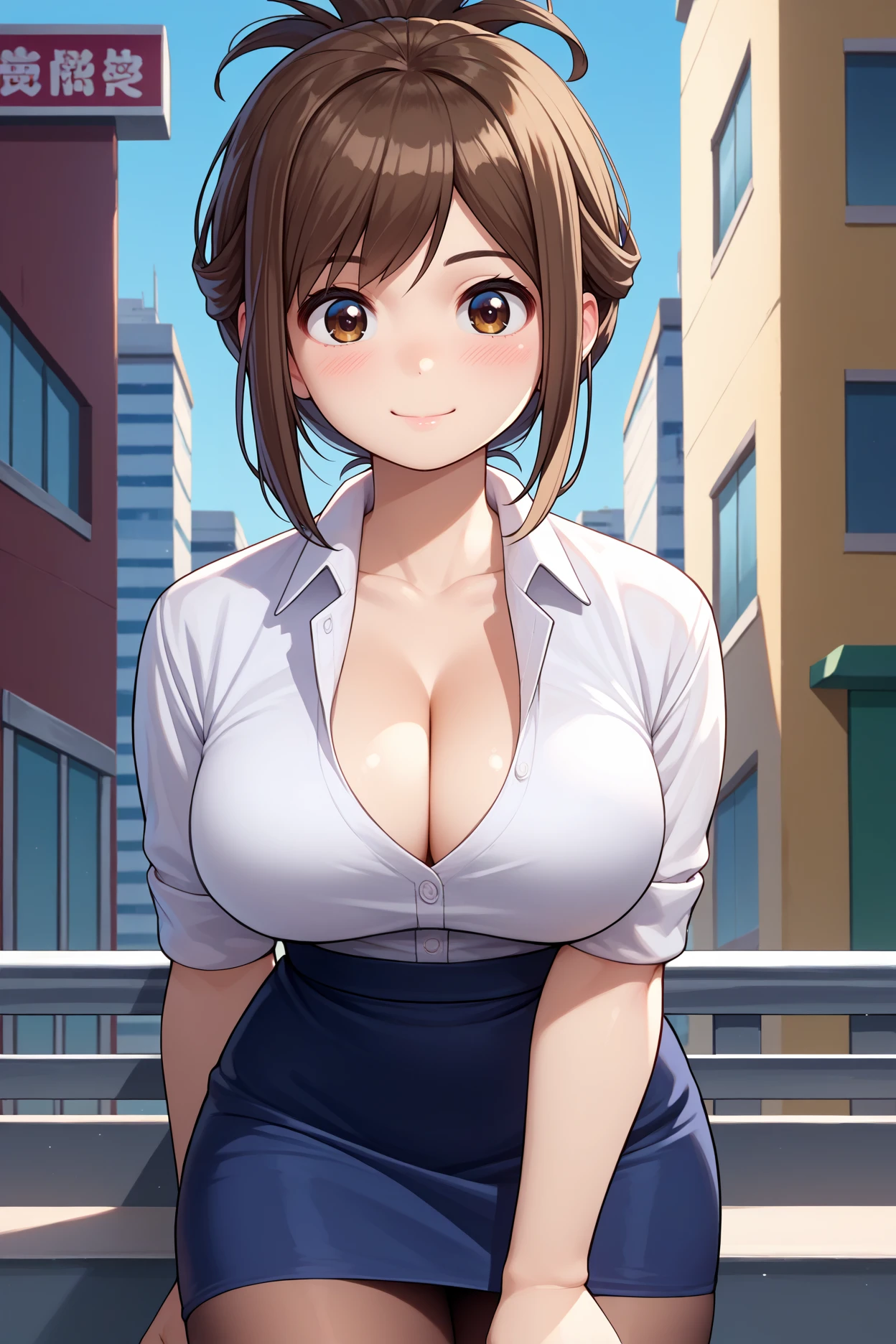 score_9, score_8_up, score_7_up, score_6_up, source_anime, 1girl, solo <lora:kojimakana-pdxl-nvwls-v1-000005:1> nkKana, brown hair, folded ponytail, short hair, brown eyes, collared shirt, sleeves rolled up, cleavage, white shirt, black skirt, brown pantyhose, large breasts, blush, smile, looking at you, upper body, blue sky, city, thighs