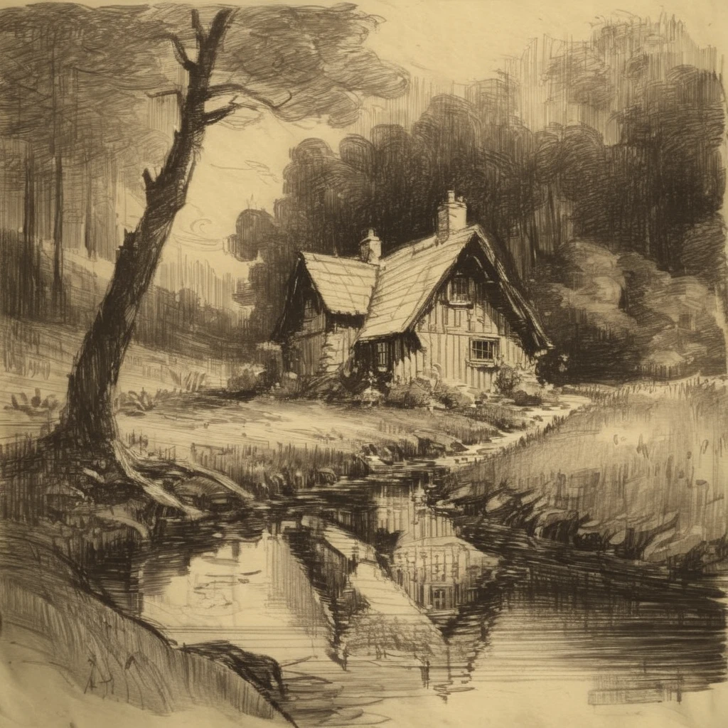 drawix17 a cottage in the forest by a stream<lora:drawix17:1>