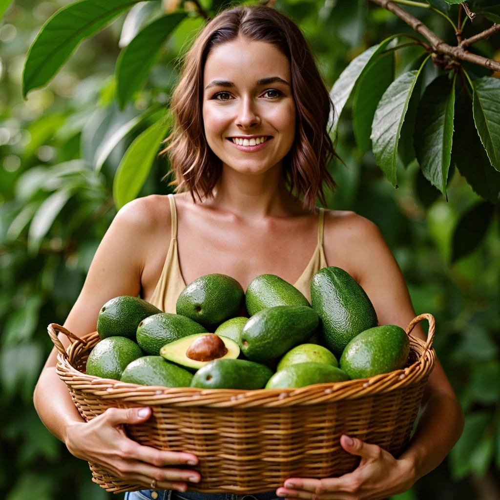 woman is holding a big basket full of avokados in jungles