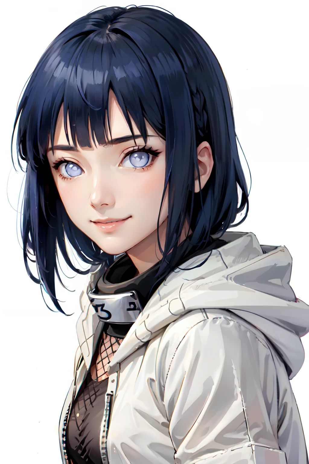 hinata, solo, long hair, looking at viewer, smile, simple background, white background, closed mouth, blue hair, upper body, hood, blunt bangs, fishnets, portrait, no pupils, forehead protector, konohagakure symbol, <lora:hinata-03:1>