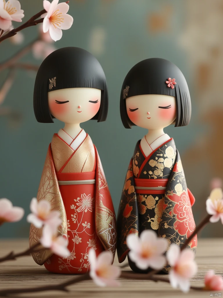 OBwawa,This image is a highly detailed, digital illustration depicting two traditional Japanese dolls, known as "hina ningyo," standing side by side. The dolls have smooth, porcelain-like skin and are adorned with elaborate, traditional Japanese attire. Their hair is styled in a straight, jet-black bob, and they both wear ornate, red and gold kimonos with intricate floral patterns. The kimono sleeves are wide and draped elegantly, with a red sash tied at the waist. Each doll has a small, red flower in their hair, adding a touch of color and detail.The background features a blurred, teal-blue wall that provides a serene backdrop. In the foreground, two branches of a cherry blossom tree are visible, with delicate pink blossoms in full bloom. The blossoms have a soft, almost translucent quality, and their stems are dark brown, contrasting with the light colors of the blossoms. The dolls stand on a wooden surface that has a subtle, rustic texture, adding depth and warmth to the scene. The overall style of the image is highly realistic, with a focus on fine details and textures, capturing the essence of traditional Japanese culture and artistry.