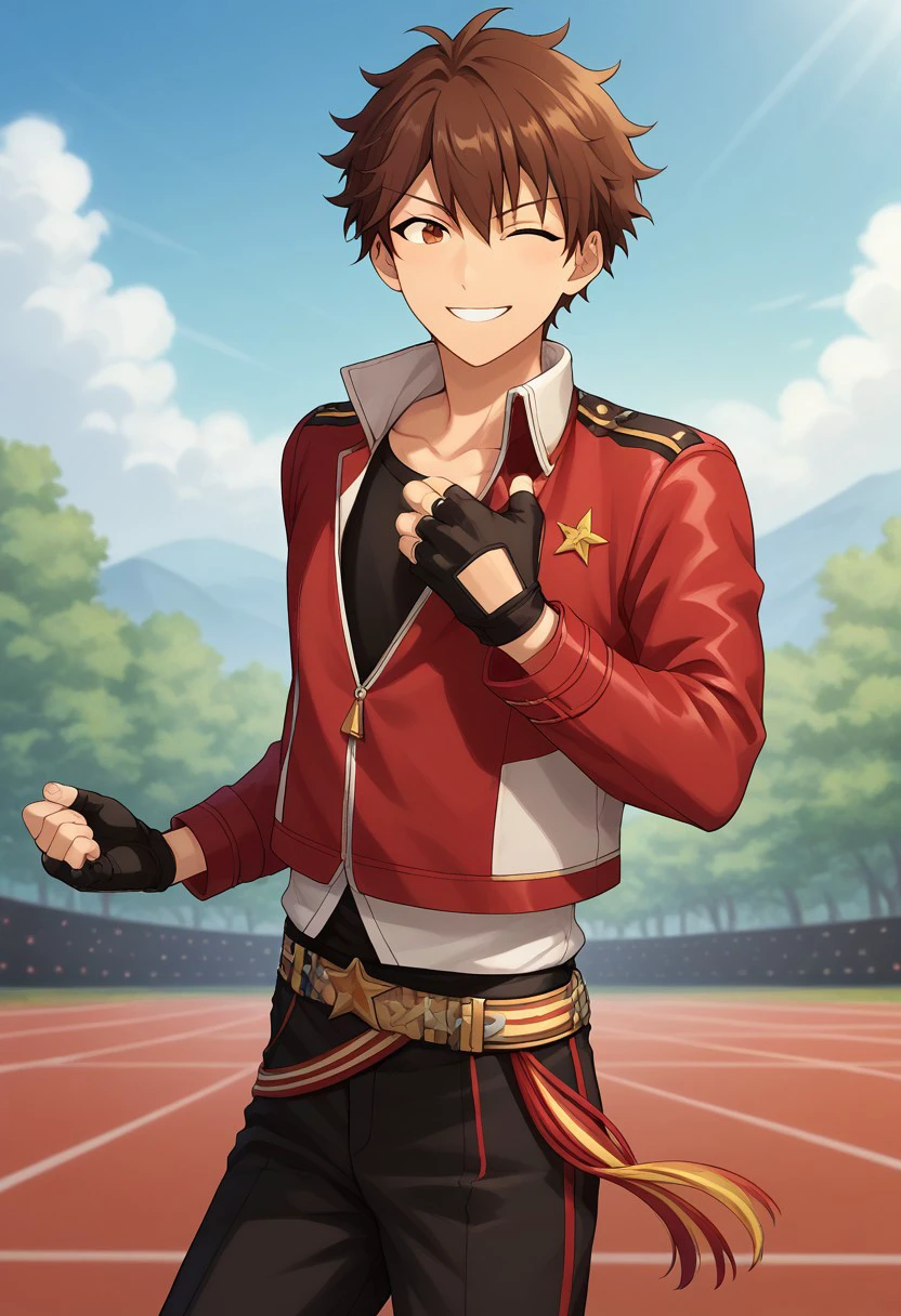 score_9, score_8_up, score_7_up, source_anime, highly detailed, 
chiaki, 1boy, male focus, brown hair, gloves, solo, fingerless gloves, smile, black gloves, brown eyes, pants, jacket, black pants, standing, belt, ryuseitai uniform, one eye closed,
outdoor, stage, sky