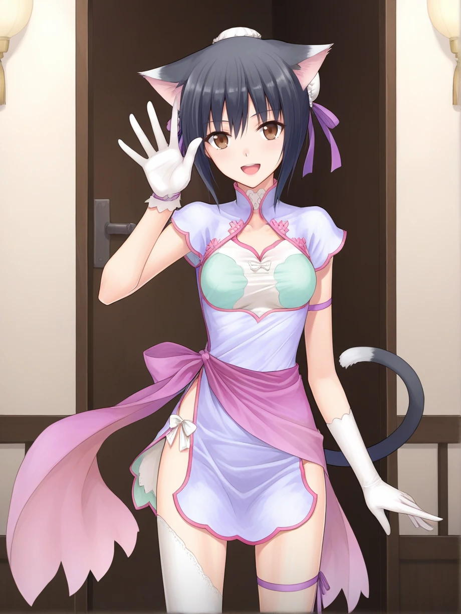 score_9, score_8, score_7_up, source_anime,
shaomei rin, animal ears, black hair, short hair, brown eyes, hair ribbon, ribbon, hair bun, cat tail, 1girl, happy
chinese clothes,shao outfit,single glove,  single white thighhigh, ribbon,single elbow glove, white gloves, standing, waving
bedroom
<lora:Expressive_H:0.2> <lora:StS_PonyXL_Detail_Slider_v1.4_iteration_3:0.2> <lora:housechores-guy-PONYv1:0.3>  <lora:shaomei rin v0.1:0.8>