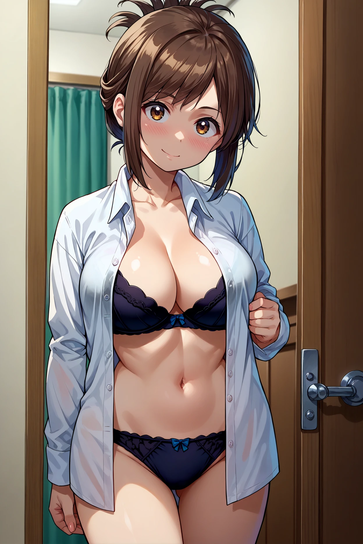 score_9, score_8_up, score_7_up, score_6_up, source_anime, 1girl, solo  <lora:kojimakana-pdxl-nvwls-v1-000005:1> nkKana, brown hair, folded ponytail, short hair, brown eyes, large breasts, open shirt, white shirt, long sleeves, naked shirt, black bra, black panties, lingerie, looking at you, standing, blush, smile, doorway, bedroom, indoors