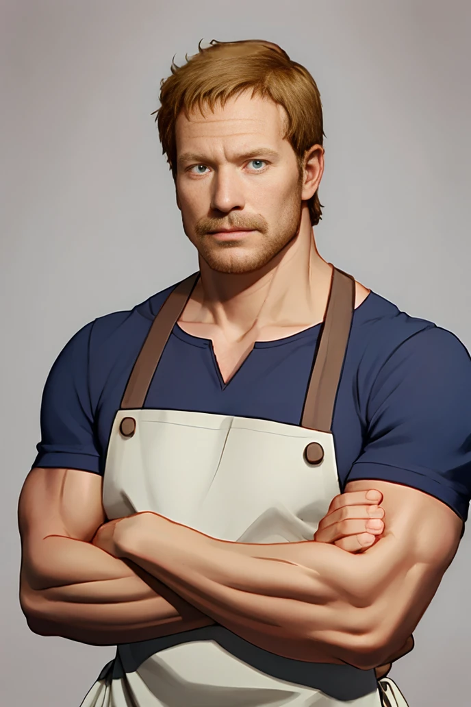 (RAW photo), absurdres, straight-on, looking at viewer, (mature male:1.2), <lora:HourouButcher:0.85>, houroubutcher, muscular male, apron, blue shirt, upper body, crossed arms