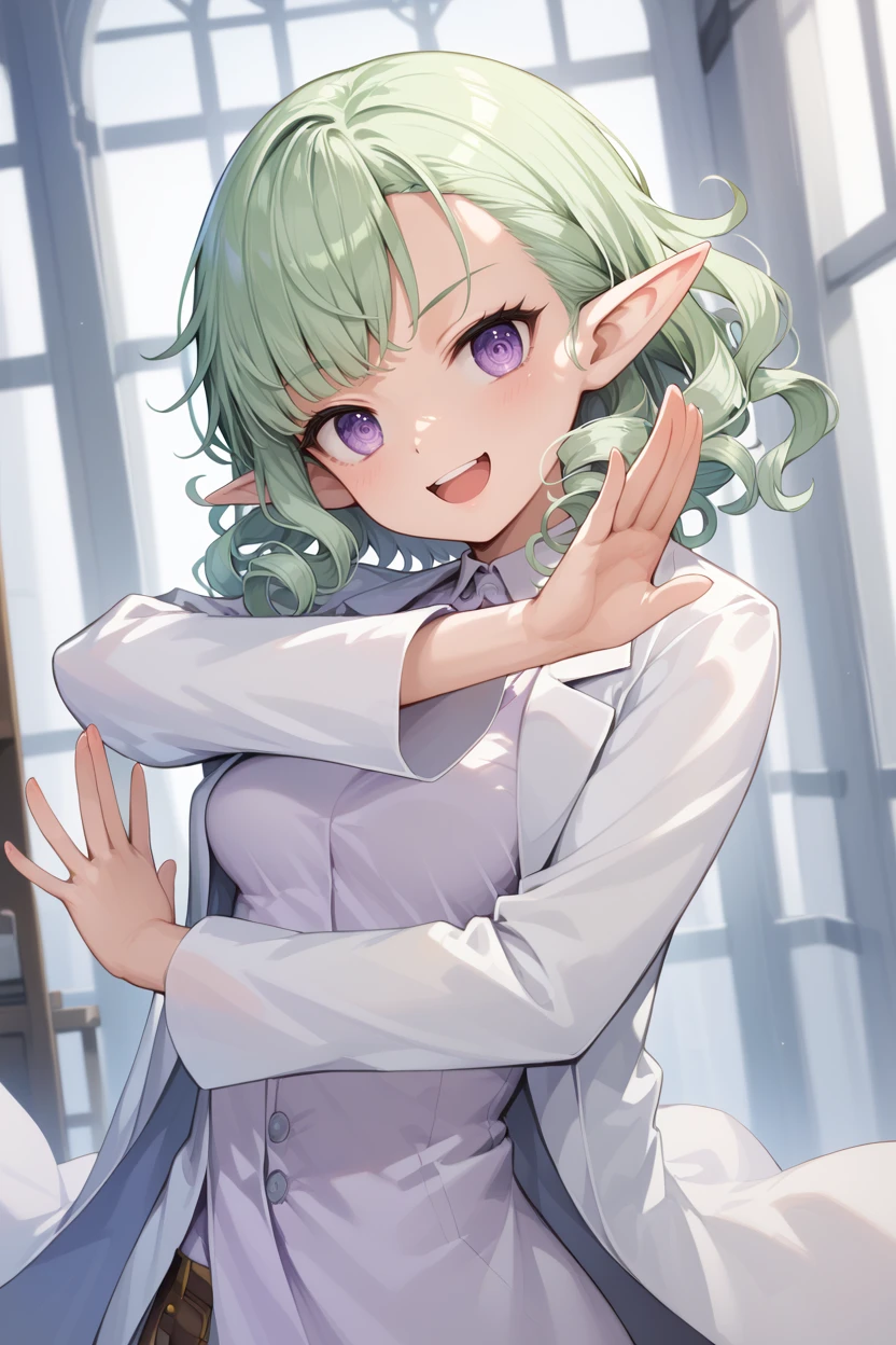 score_9, score_8_up, score_7_up, masterpiece, best quality, 1girl, solo,
cute face,clear skin,shiny hair,ultra detailed eyes, pale green hair, light purple eyes, wavy curls, straight bangs, shoulder length hair, cirle curls, asymmetrical bangs, breasts, medium breasts, pointy ears, elf,
labcoat, frowns, open mouth, broad smile, 
<lora:Rintarou_Okabe_Pose_Pony:1> Rintarou_Okabe_Pose