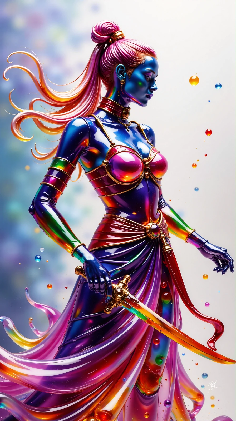 made out of Jelly, pastel drawing of "Sword Slasher", soft, colorful, delicate, expressive, textured, <lora:flux-jellystyle:1>, beautiful detailed, rich vivid colors, background inspired, enchanted, flowing, fine polished, modified, positive emotional, cinematic perfect intricate stunning fine detail, exquisite color, aesthetic, surreal