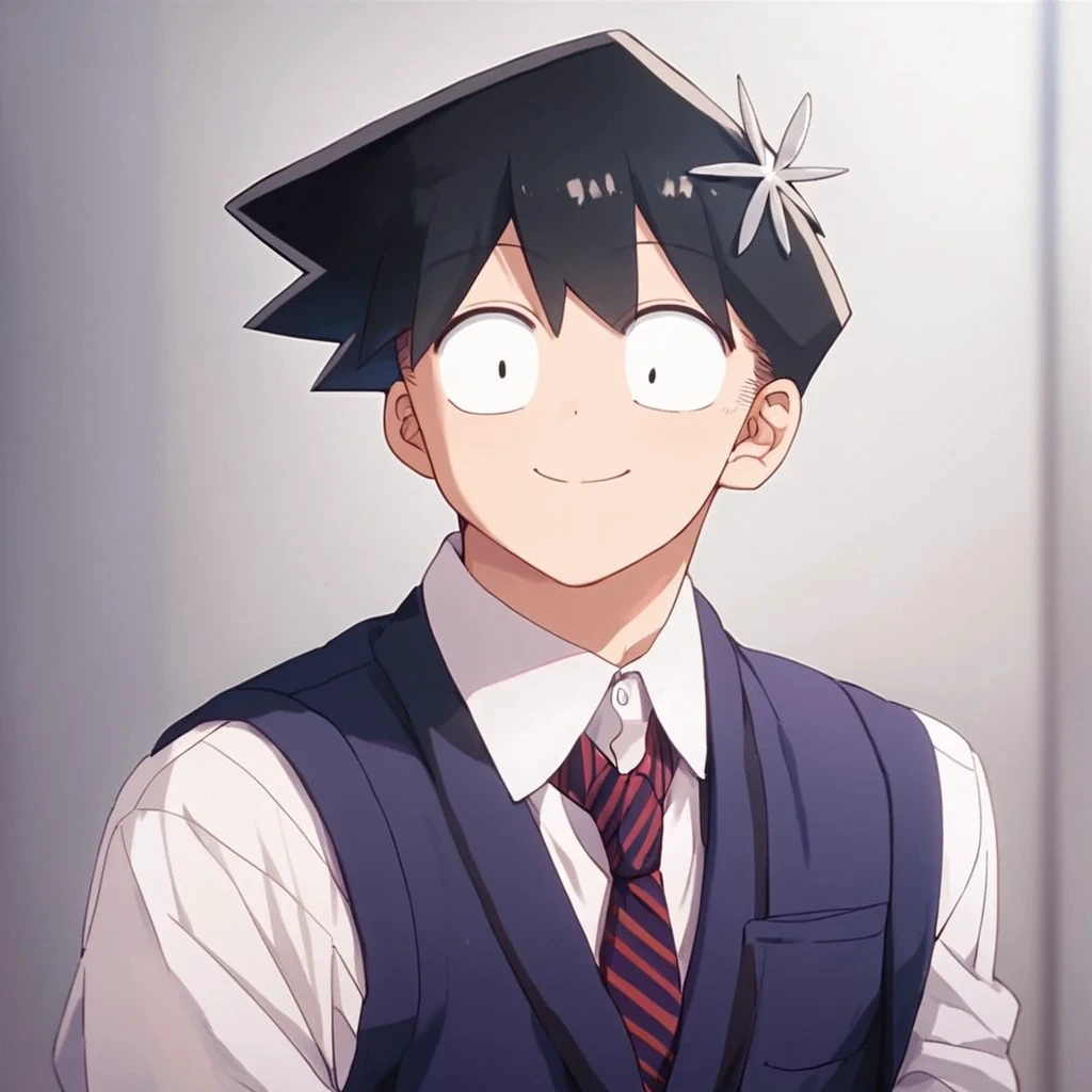 (masterpiece), score_9, score_8_up, score_7_up, score_6_up, score_5_up, score_4_up, 1boy, solo, Hitohito Tadano, black hair, black eyes, hair ornament, shirt, necktie, pants, smile, looking at viewer