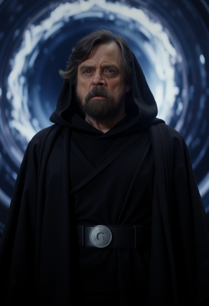 Luke Skywalker, face shadowed under a hood, eyes glowing subtly with Force energy, wearing dark robes; behind him, a swirling vortex of cosmic energy.