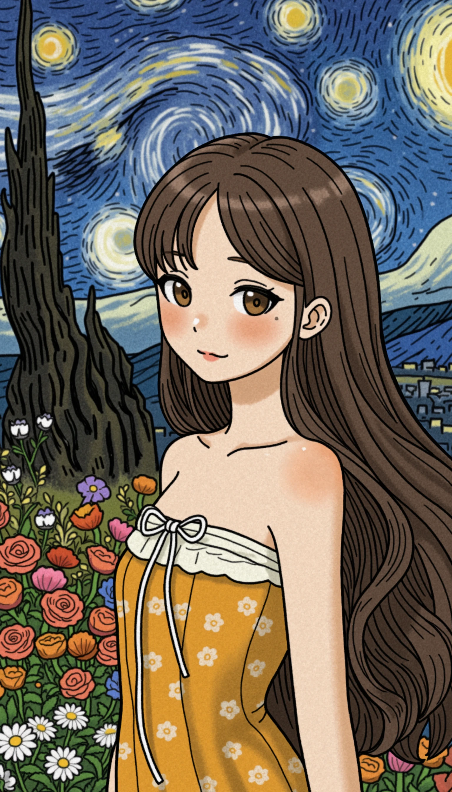 Van Gogh's starry night plus Gustav Klimt style illustration, beautiful Japanese long hair girl in strapless dress, melancholy eyes, freckles, delicate lines, flowers in the background