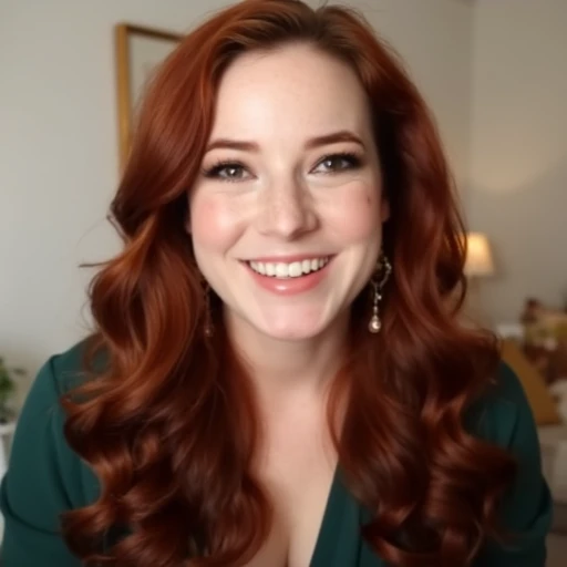 a woman with long red hair and a green shirt smiling at the camera with a smile on her face