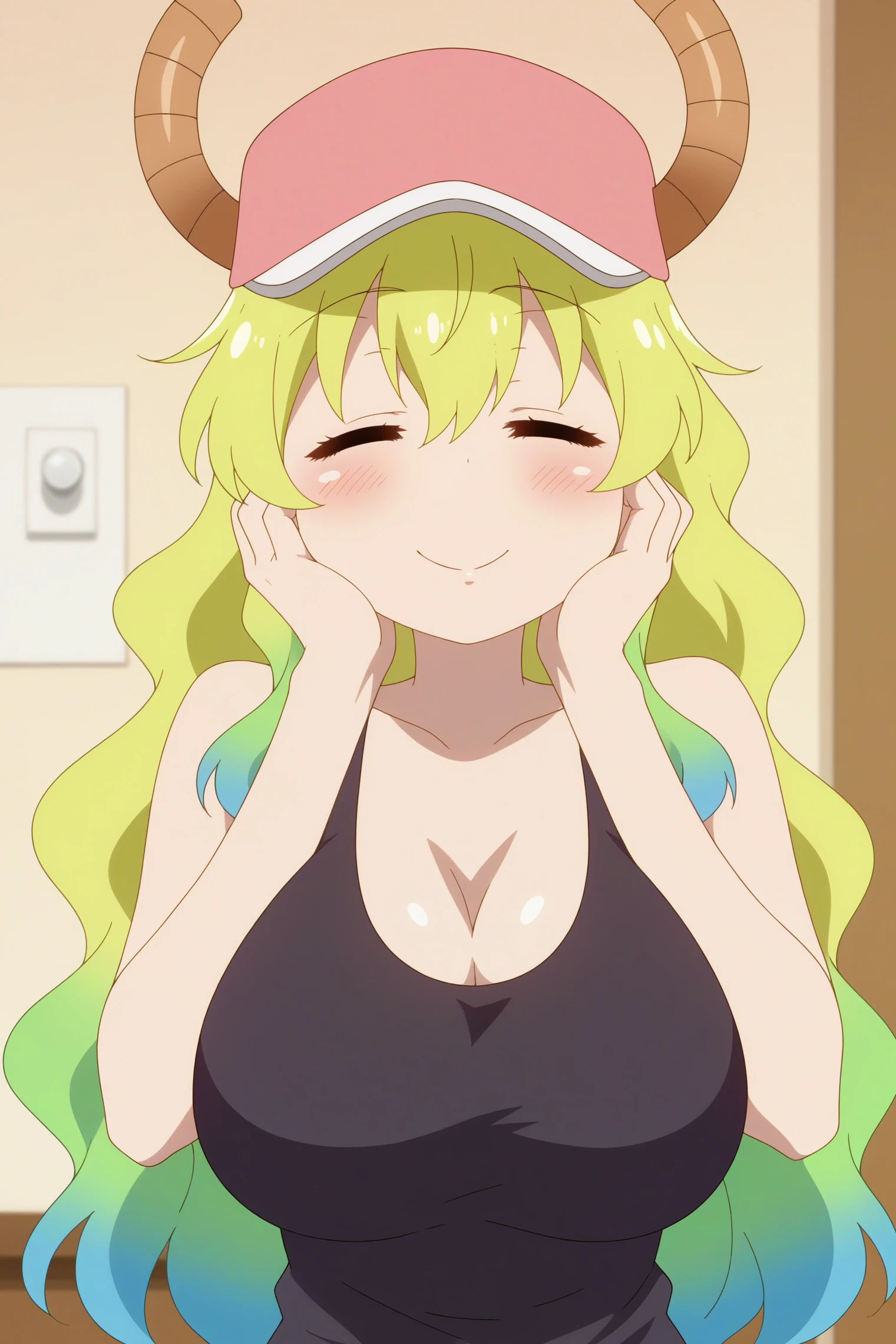 1girl,solo,quetzalcoatl,mature,orns through headwear,horns,hat,breasts,closed eyes,dragon horns,smile gradient hair,multicolored hair,long hair,green hair,baseball cap,cleavage,black tank top,upper body,indoors,room,consistent background,hands on cheeks,happy 