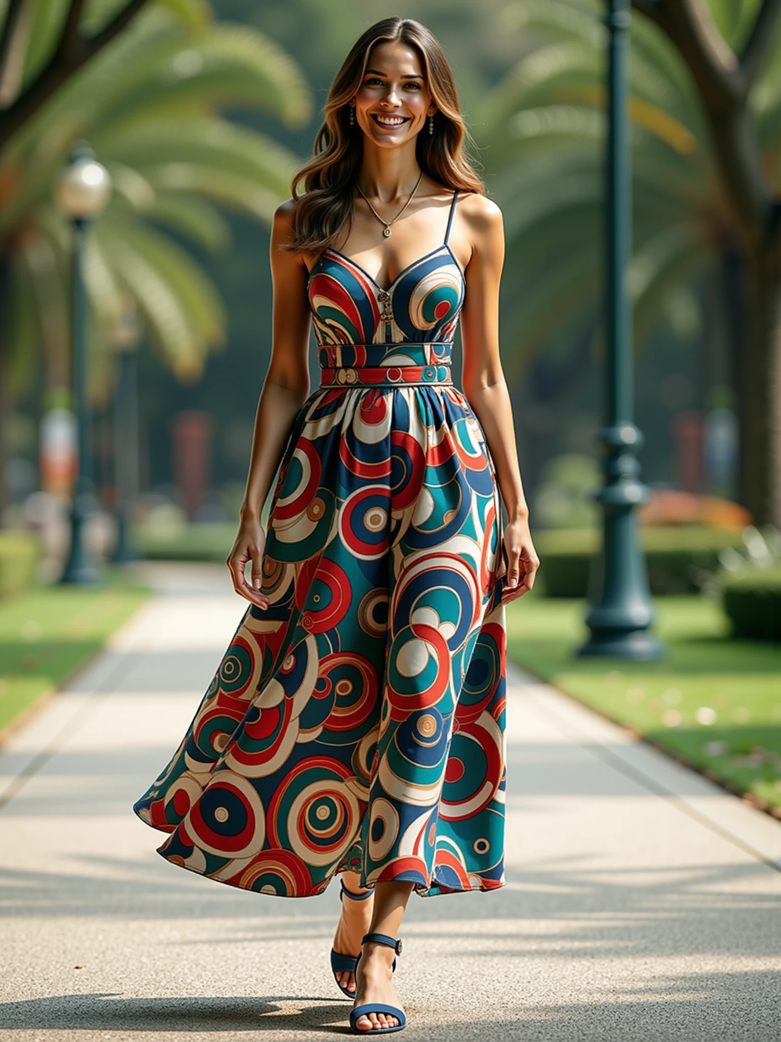 woman wearing a mad-clrflcrcls dress walking through a public park, smile   <lora:colorful-circles-flux:1.8>