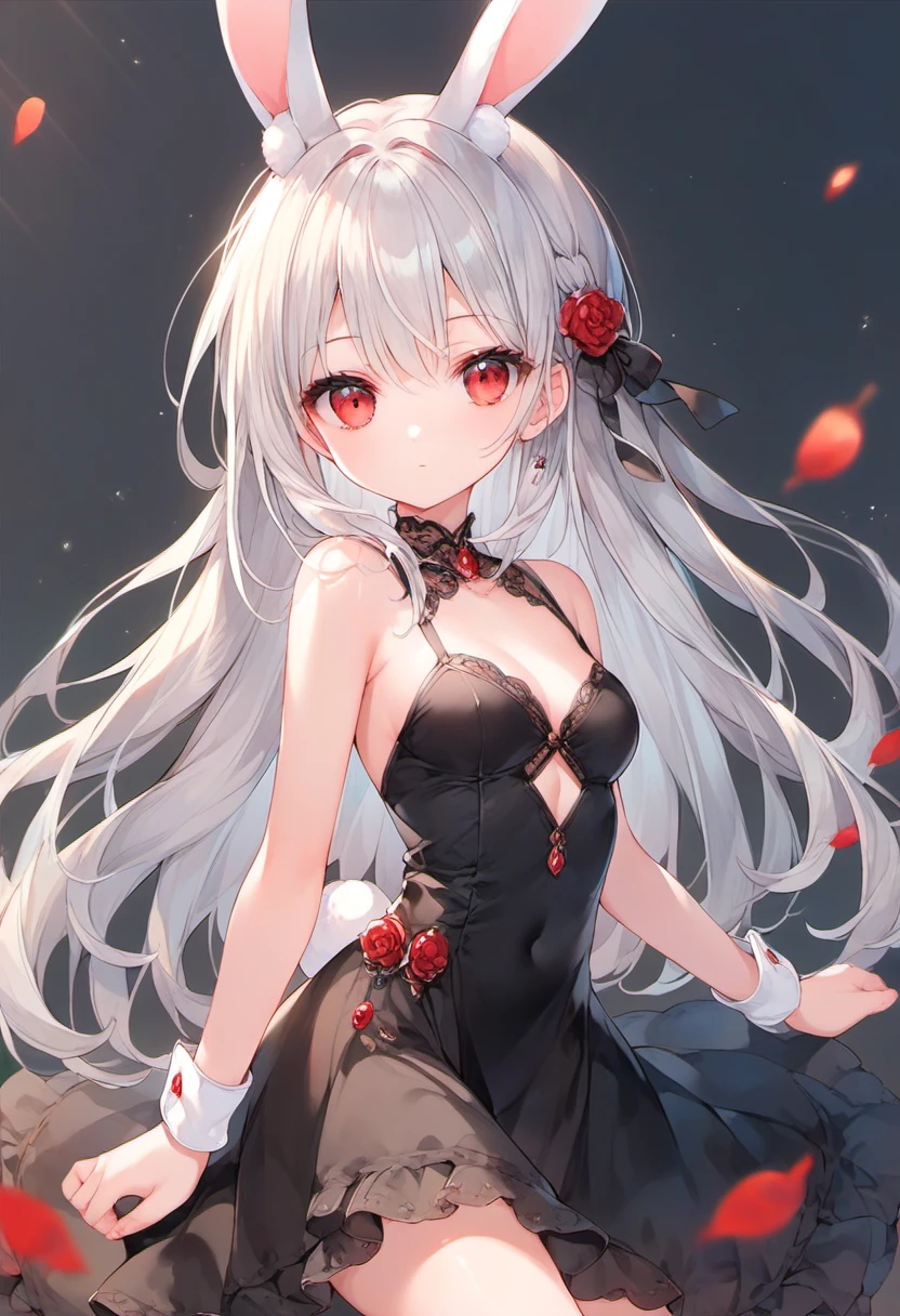 score_9, score_8_up, score_7_up, source_anime, 1girl, silver hair, rabbit ears, red eyes, black dress