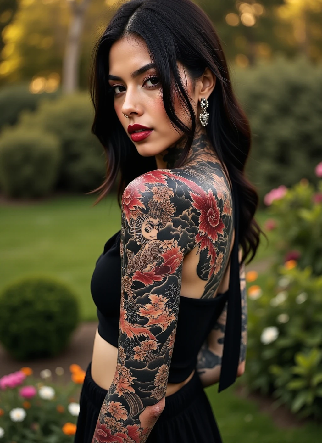 A striking image of a beautiful woman with a full-sleeve tattoo depicting iconic Japanese imagery, standing gracefully in a serene garden. A medium shot capturing her elegance and the tattooâs details, lush greenery and colorful flowers framing the scene. Warm evening light enhances the vibrancy of the colors. <lora:Japanese_style_full_sleeve_tattoo-000001:1>