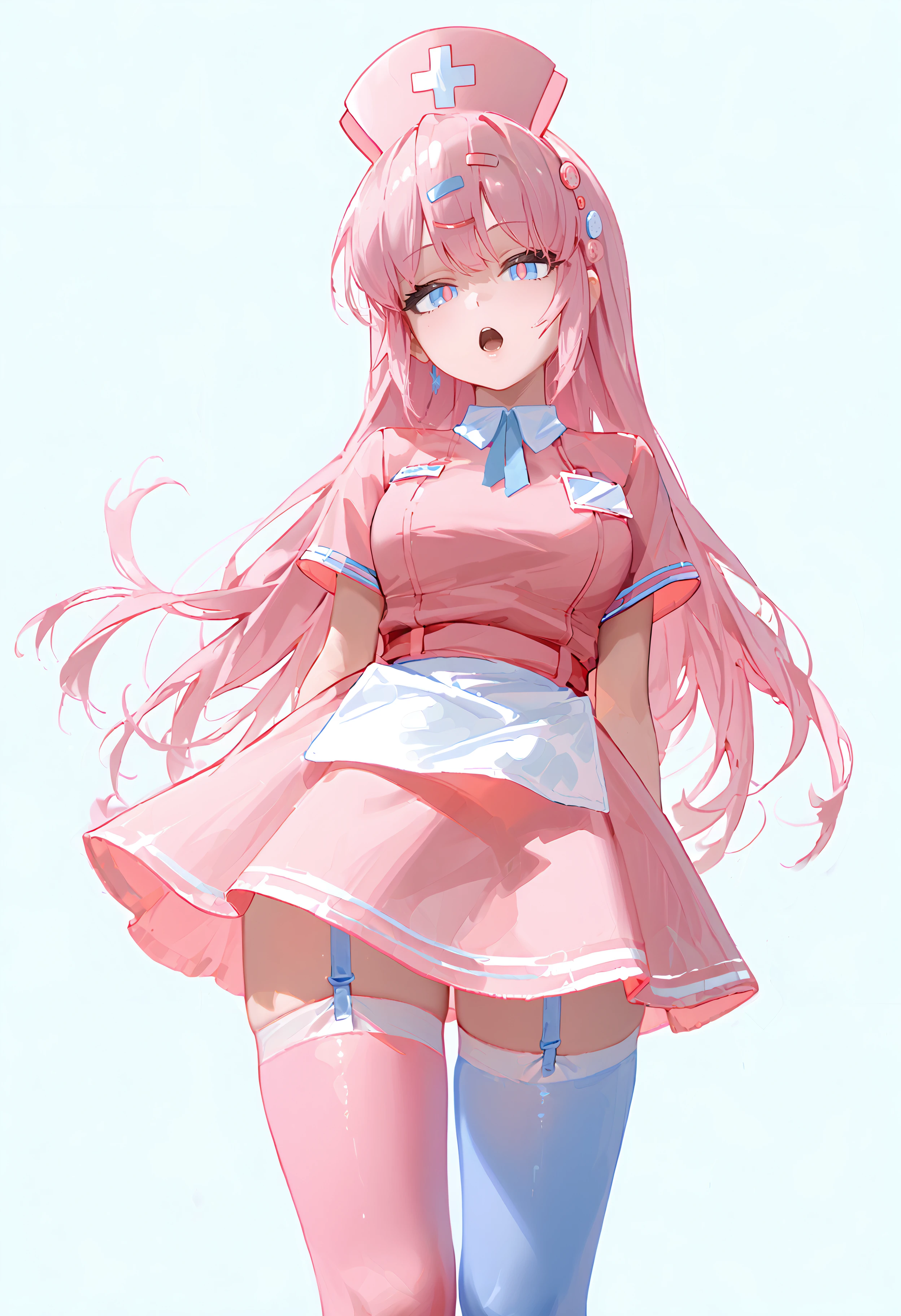 score_9, score_8_up, score_7_up, best quality, source_anime BREAK, Bianca Abercrombie, pink hair, nurse cap, pink thighhighs, 1girl, blue eyes, long hair, bandaid, hair ornament, apron, open mouth, hairclip, mismatched legwear, asymmetrical legwear, pink dress, garter straps, blue thighhighs, solo, pink pupils, white background, simple background,  <lora:BiancaAbercrombie:1>