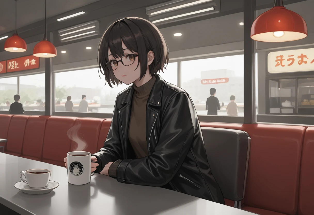 Moody lighting, brown eyes, black hair, 1girl, black leather jacket, black pants, semi-rimless eyewear, short hair, diner, coffee, coffee mug, solo focus,, anime,