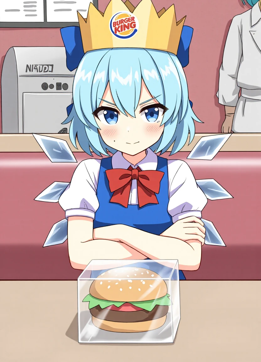 cirno, 1girl, ice wings, blue bow, blue dress, blue eyes, blue hair, blush stickers, bow, bowtie, dress, hair bow, light blue hair, red bowtie, shirt, short hair, short sleeves, sitting, solo, v-shaped eyebrows, white shirt, sitting in a burger king restaurant, wearing a burger king crown with the logo and text, looking very smug, crossed arms, a burger is on the table frozen in a block of ice