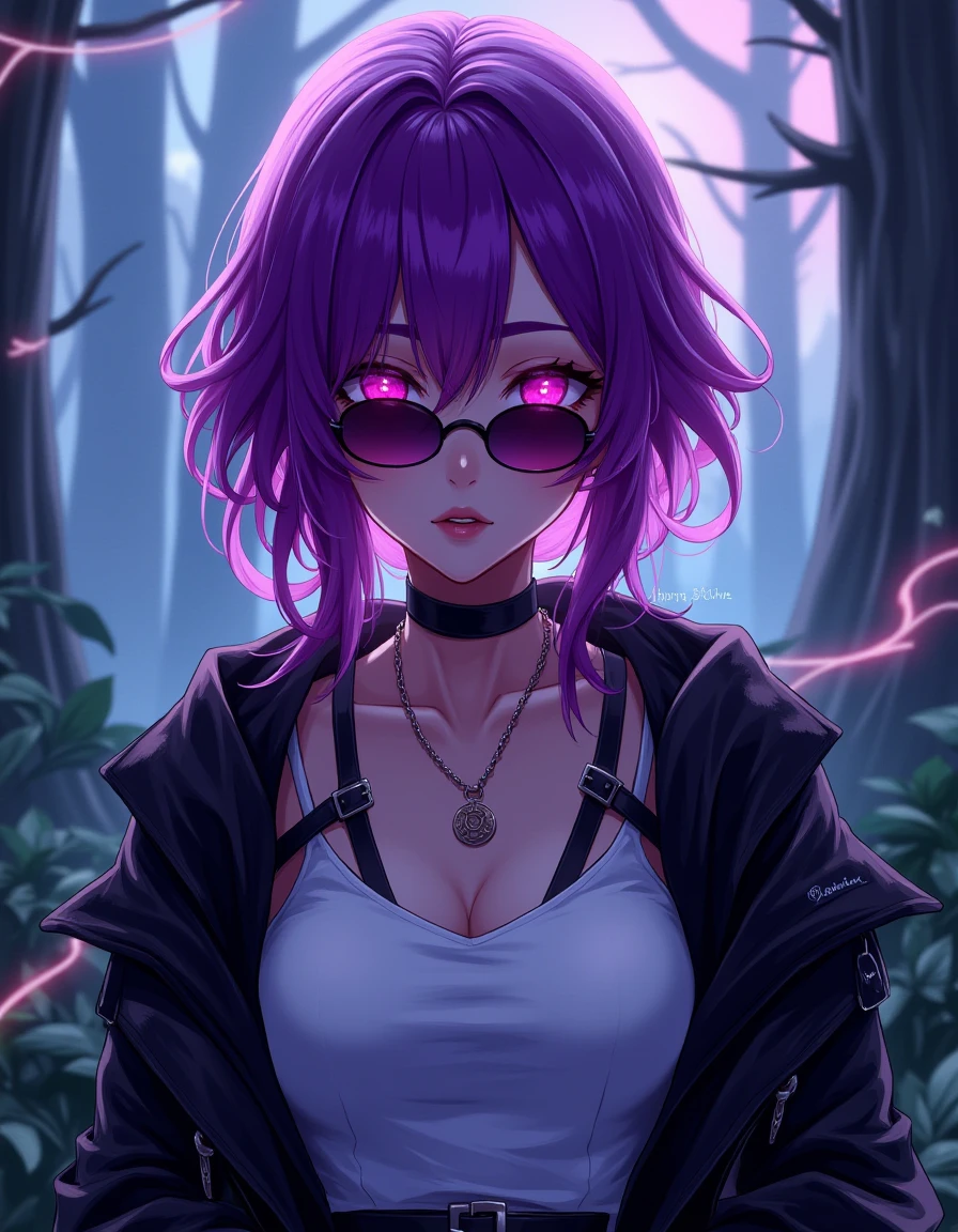 kafka, female, purple hair, glowing pink eyes, white top, black jacket, bold straps, sunglasses, inside a forest, neon web