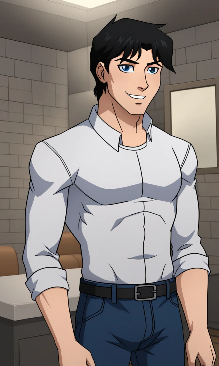 Nightwing,1boy,solo,male focus,black hair,short hair,blue eyes,adult male, White shirt smile, belt, blue pants