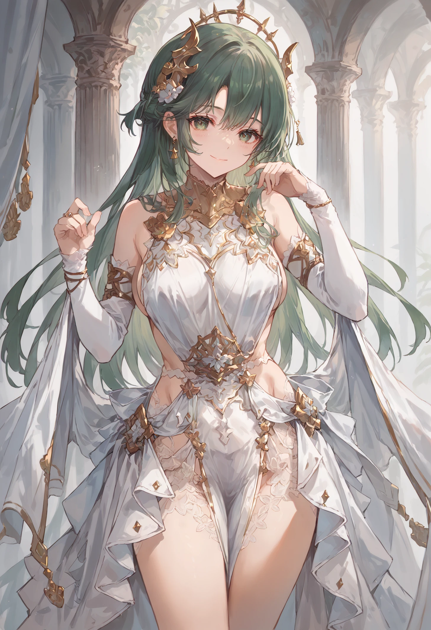 score_9, score_8_up, score_7_up, score_6_up, high res image, masterpiece, best quality, 1girl, gl_dress, long hair, green hair, detailed eyes, smile, standing, arms at side, hand up, pelvic curtain, lace, tiara, cowboy shot, looking at viewer, facing forward <lora:GreaGBF_dress_outfit_e6r:1>