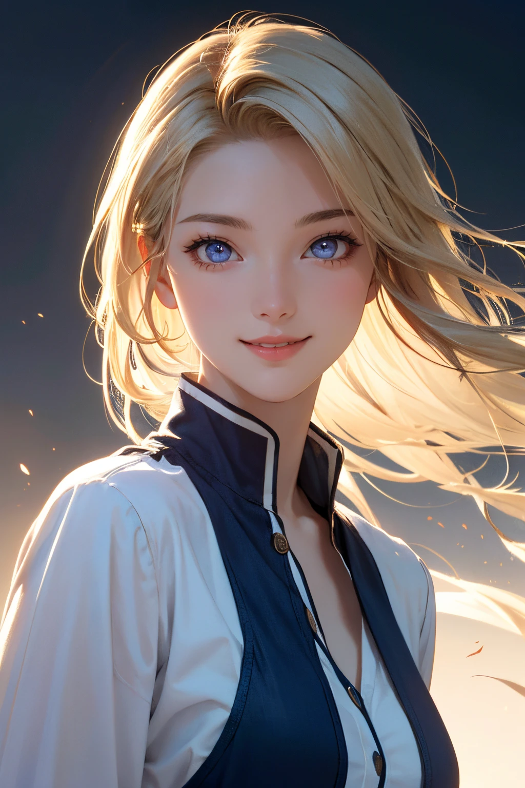 1girl, upper body, 18 years old, beautiful face, blonde hair, dark indigo eyes, glowing eyes, sensuous lips, smiling, side soft light, triadic color scheme, (high-quality:1.2), (best-quality1.2), (absurd-res, ultra detailed:1.1), epic composition, dramatic lighting