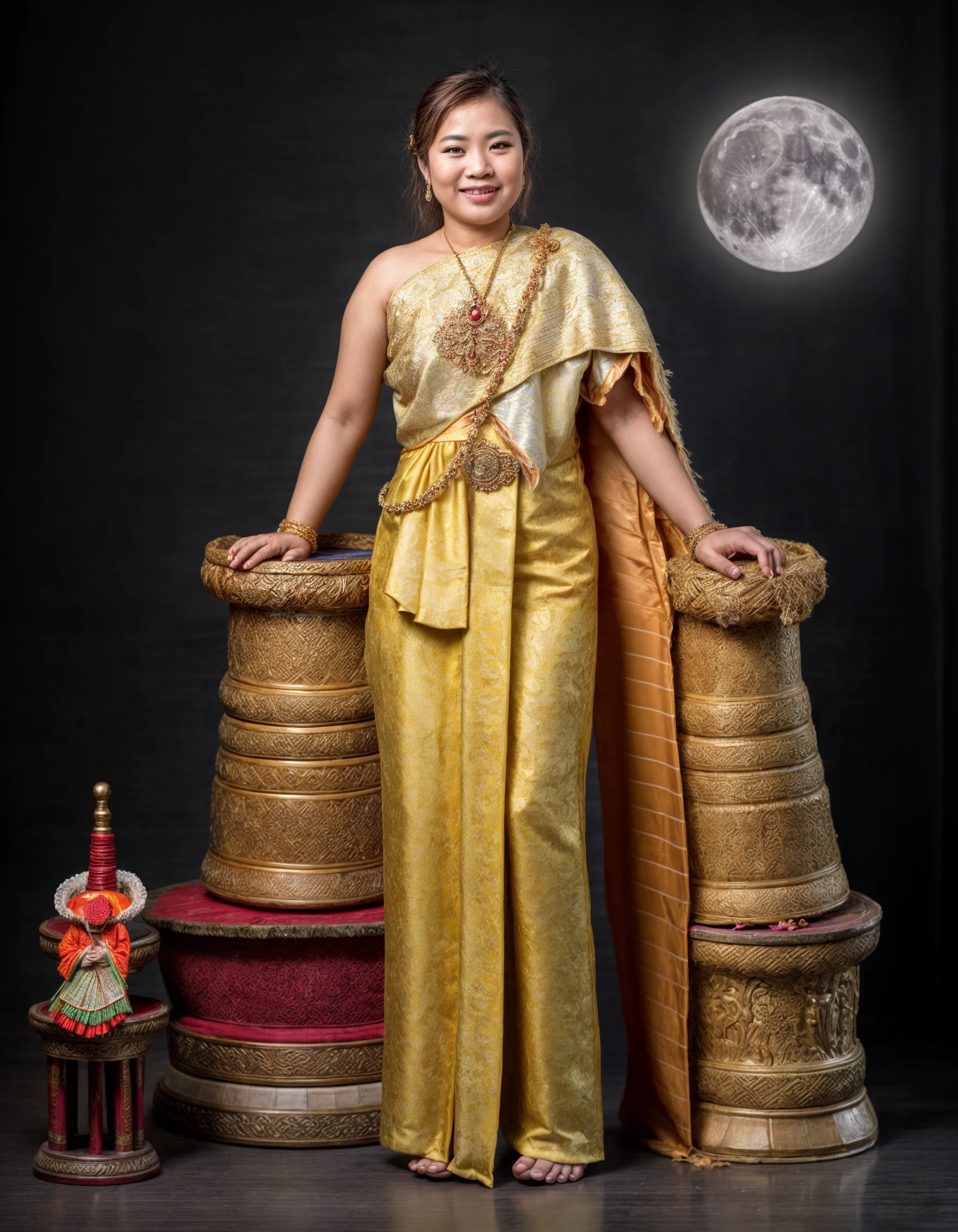 ((a girl wearing <lora:thai_traditional_dress_epoch_2:2>)), masterpieces, high quality, dark sky background, moon