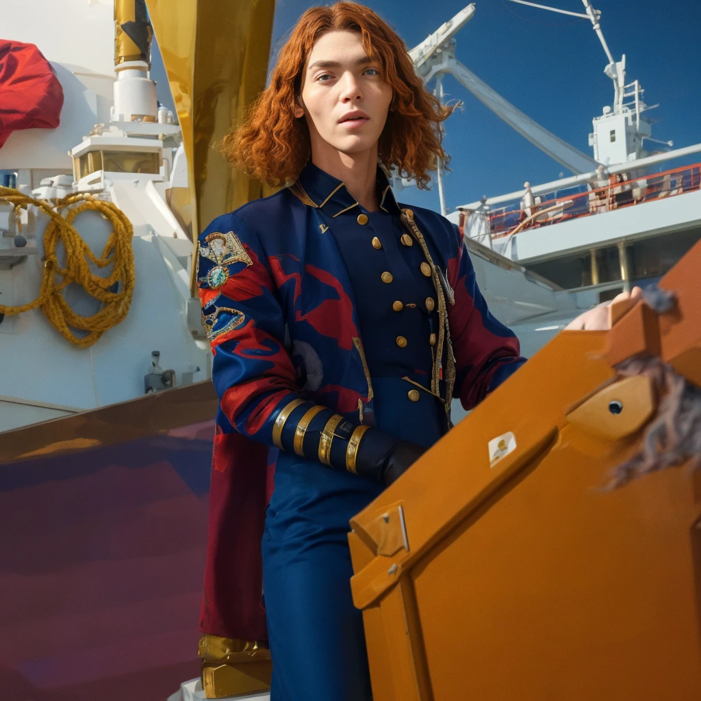 full color photo of sophie, decently clothed,   as a captain on a big ship, fashion, masterpiece <lora:Sophie:1>