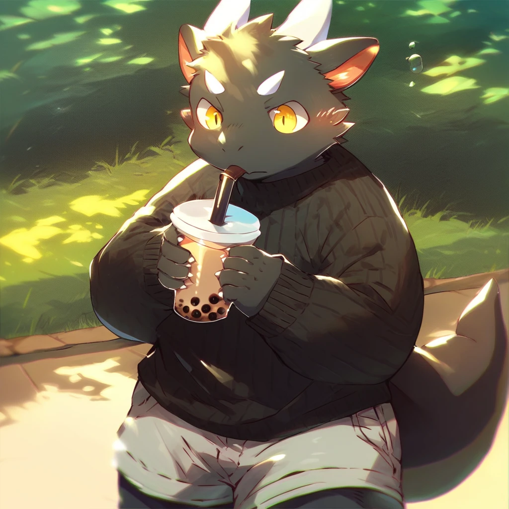 score_9_up, score_8_up, score_7_up, source_furry, mikus-M0fuch4, black dragon, black body, white horns, yellow eyes, park, holding, bubble tea, black sweater, gray shorts, 1boy, solo