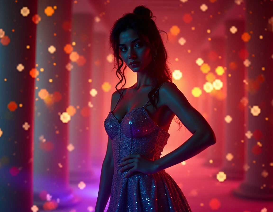 A raw photo of A stunning beautiful attractive female Instagram Model in her mid 20's stands elegantly in the middle foreground, looking directly at the viewer. Sheâs dressed in an elaborate fancy gown that catches the light, multi colored glowing particles.  Holo_GFX H_GFX B3ST <lora:Holo_GFX:1>