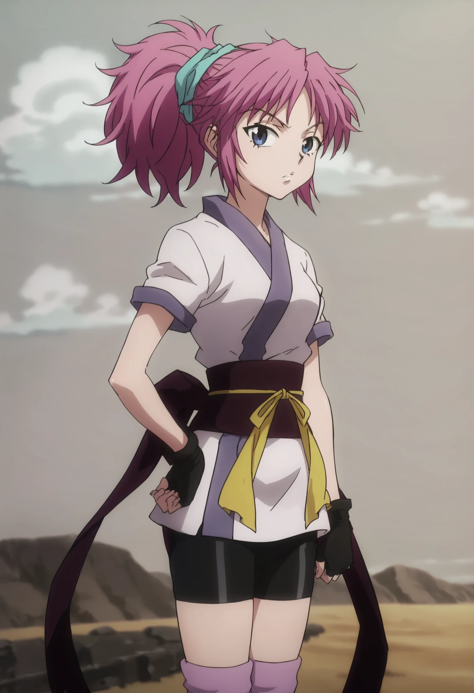 score_9, score_8_up, score_7_up, source_anime, source_anime, detailed background, anime screencap, uncensored, 
 <lora:Machi_Komacine:.8>Pink hair, purple hair, blue eyes, Ponytail, short hair, Japanese clothes, Bike shorts, black fingerless gloves, leg warmers, sash, hair ribbon, looking at the viewer, neutral expression, cowboy shot,