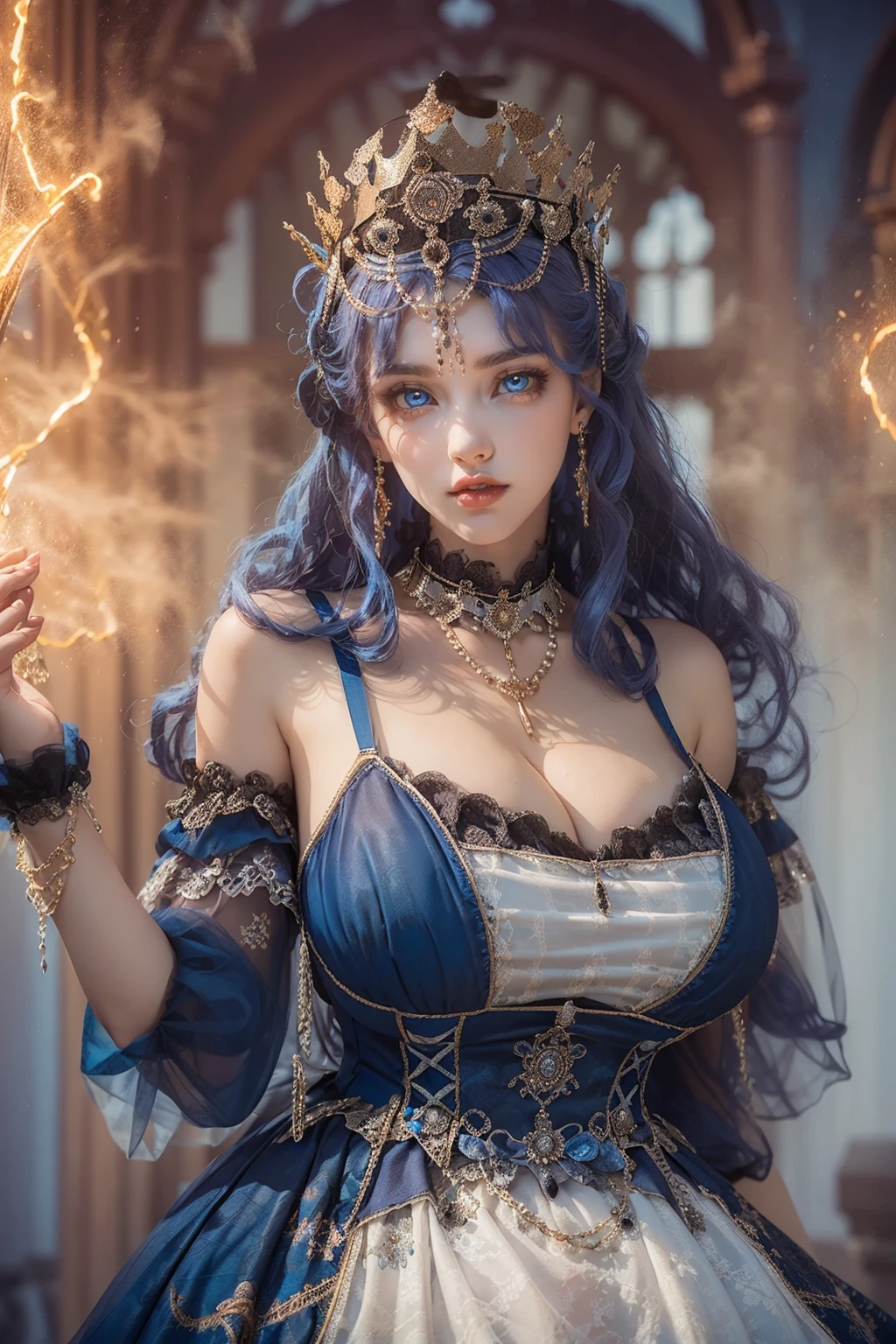 (masterpiece, best quality:1.2),illustration,8k,hd,1 girl,very long hair,blue hair,solo,cxzg,dress,cyan dress,tiara,detached sleeves,jewelry,necklace,frills,lace,cross-laced clothes,crown,((cleavage)),huge breasts,outdoors,(glowing blue eyes:1.3),