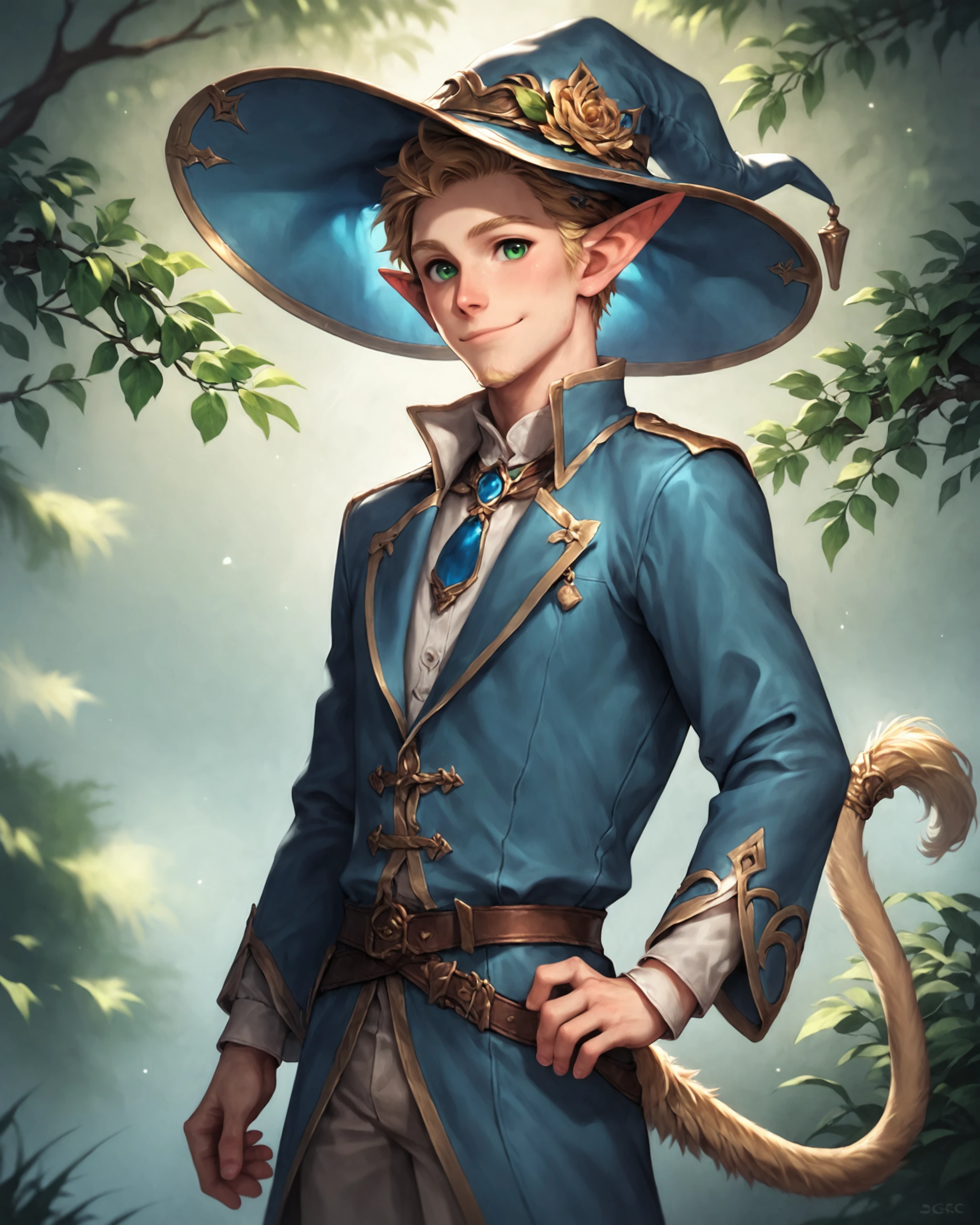 score_9, score_8_up, score_7_up, intricate details, rating_safe, detailed face,  
<lora:Lurien:0.8>,
1boy(Lurien, looking at the viewer, green eyes, blond tail with blond tail tuft, solo, cowboy shot, 
standing, blue wizard hat, loose blue wizard robe with long sleeves, 
friendly expression, slight smile), 4k,
fantasy setting, in a small meadow of a magical forest, sunshine, 
depth of field, detailed background,
<lora:ral-chrosc-clr:0.5>, ral-chrosc-clr,
<lora:Expressive_H:0.5>, expressiveH,
<lora:xl_more_art-full_v1:0.3>,
<lora:add-detail-xl:0.3>