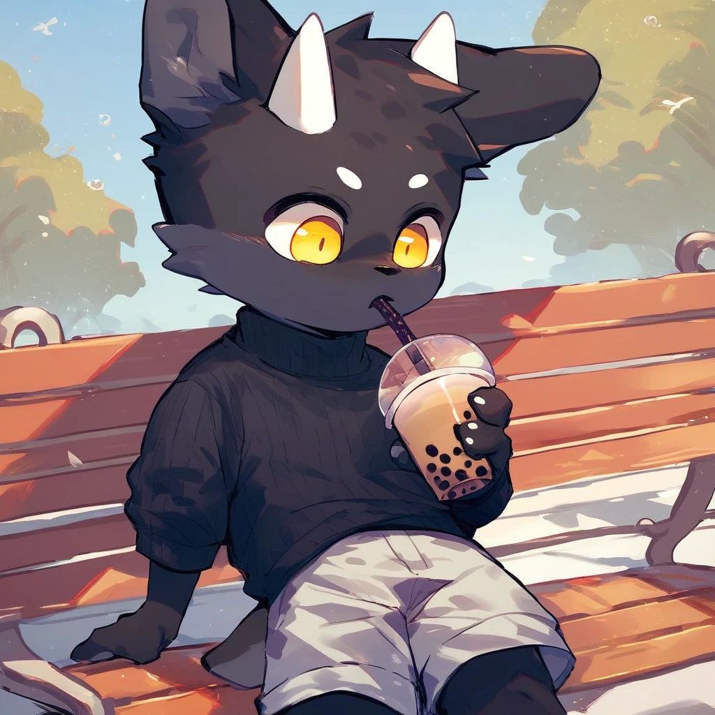 score_9_up, score_8_up, score_7_up, source_furry, mikus-kirikopoyo, black dragon, black body, white horns, yellow eyes, park, holding, bubble tea, black sweater, gray shorts, 1boy, solo