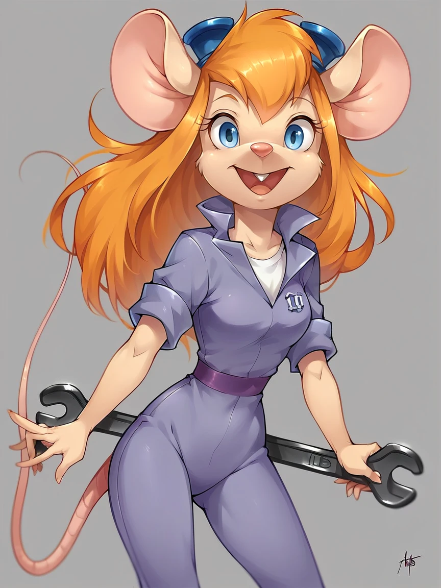 score_9, score_8_up, score_7_up, score_6_up, score_5_up,  <lora:gadgetXLP:1> gadget, 1girl, solo, long hair, mouse tail, mouse ears, blue eyes, furry, buck teeth, orange hair, wrench