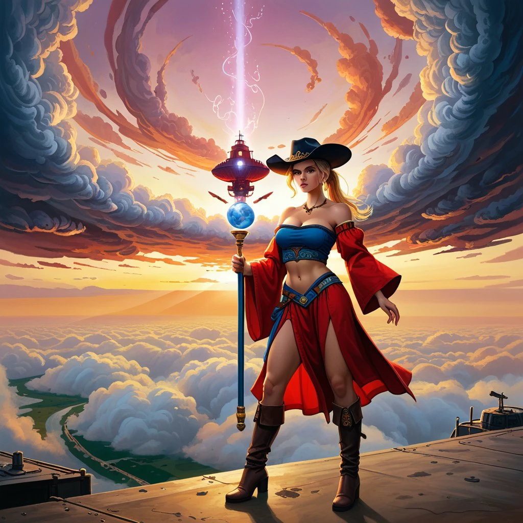 oil painting of (parkinson_style) score_9 score_8_up score_7_up action scene 1girl solo blonde hair jewelry breasts navel long red hair necklace boots staff ponytail earrings cleavage midriff blue eyes full body tube top holding wide sleeves high ponytail standing strapless skirt knee boots sky best quality masterpiece , epic background, airship, clouds, sunset, magical, magic items, hat, NSFW