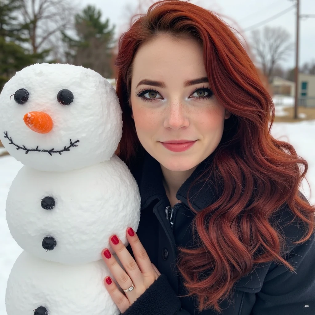 A photo of a woman with red hair. The photo includes her entire body. She is wearing pink lipstick. She has bold black eyeliner. She has pink eyeshadow. She has a slight grin. She is looking directly into the camera. She has a natural skin texture. The skin is very detailed including skin pores. She has red nails
She is wearing a large winter coat. She is outside in the snow. She is standing next to a snowman that has a carrot for a nose.