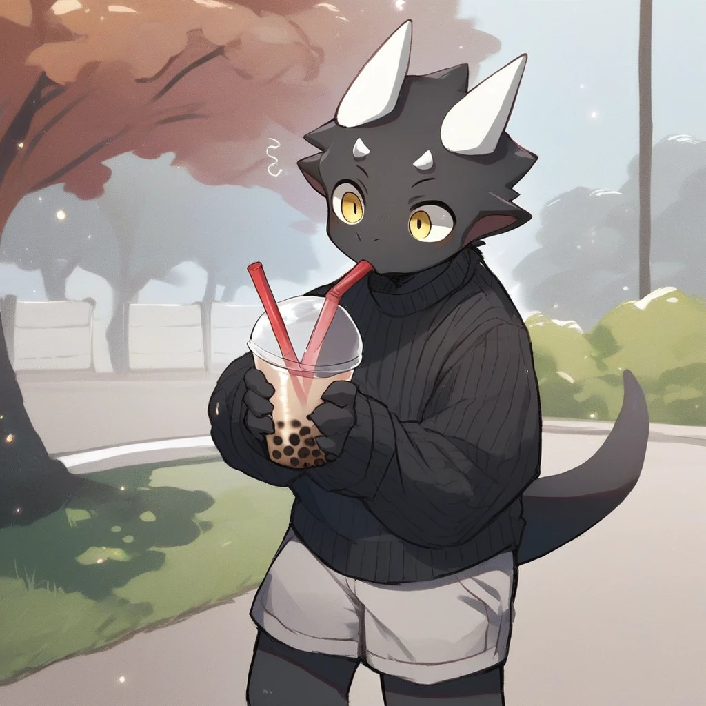 score_9_up, score_8_up, score_7_up, source_furry, mikus-kom_jis, black dragon, black body, white horns, yellow eyes, park, holding, bubble tea, black sweater, gray shorts, 1boy, solo