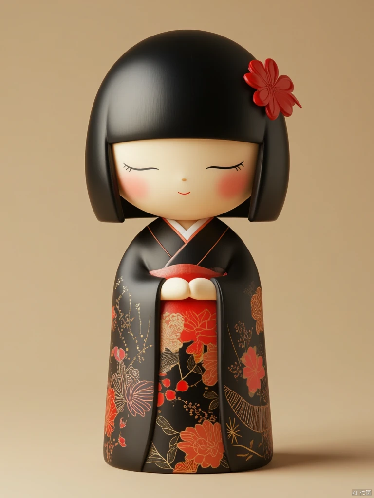 OBwawa,This is a highly detailed, digitally rendered illustration of a traditional Japanese doll, commonly known as an "Oriental doll" or "Doll of the East." The doll is depicted in a classic, stylized form with a smooth, glossy black surface and a rounded base. It has a serene expression, with closed eyes and a gentle smile, suggesting a sense of tranquility. The doll’s hair is straight and jet-black, styled in a short bob cut with blunt bangs, adorned with a vibrant red flower on the left side. The doll’s kimono is black with intricate floral patterns in shades of red, orange, and gold, featuring cherry blossoms and other delicate flowers. The kimono's sleeves are wide and draped gracefully over the doll’s shoulders. The base of the doll is a pale beige color, contrasting softly with the dark hues of the kimono. The background is a smooth, gradient beige, which helps to highlight the doll and its vibrant details. The overall style of the image is realistic yet slightly exaggerated, capturing the essence of traditional Japanese art and craftsmanship. The lighting is soft and even, casting subtle shadows that add depth and dimension to the doll's features.