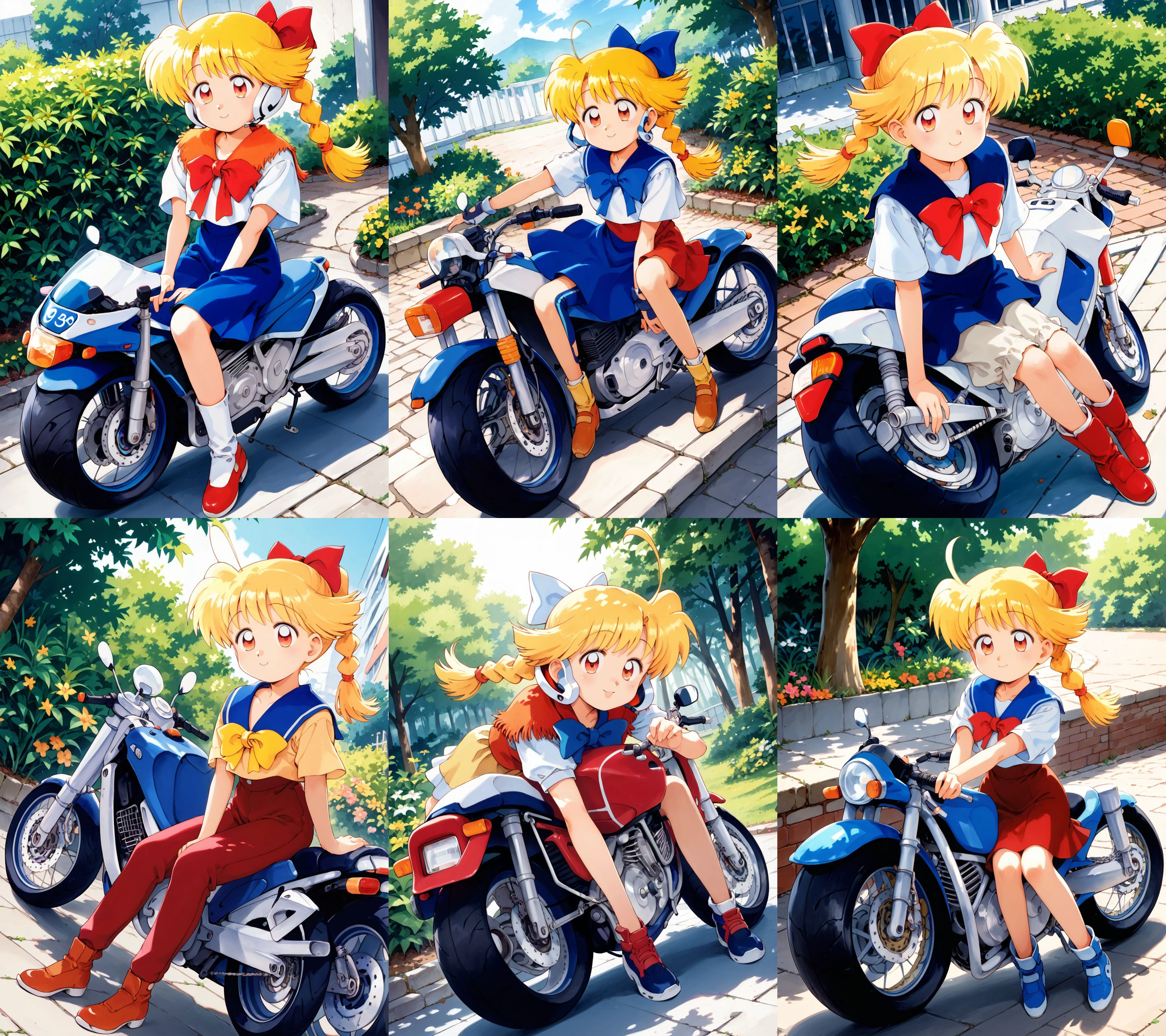 score_9, score_8_up, score_7_up, source_anime, traditional media, 1990s \(style\), retro artstyle, high res image, cute face, shiny hair, ultra detailed eyes, full body, 
kazagake shohjogumi!, solo, 1girl mizuki mai blonde hair with single braid sitting on motorcycle, datch angle, outdoors, beautiful detailed background,<lora:kazuka_tokio_bikids_and_kazagake_shohjogumi-000035:1>