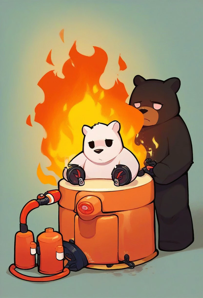 score_9, score_8_up, score_7_up, chueh, no humans, bear, animal focus, fire extinguisher, on fire