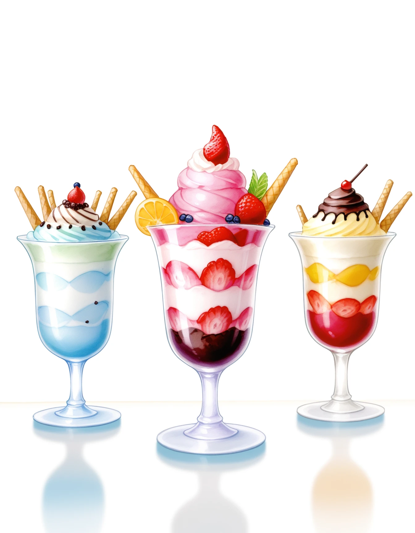  watercolor \(medium\), food focus, no humans, sundae, parfait ice cream, colorful, gradient white background, light, (multiple cups:1.1),