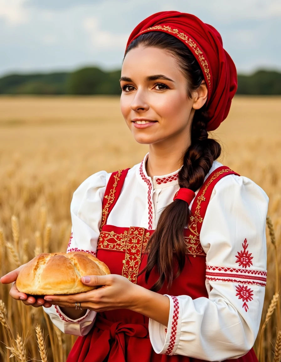 irena1 woman is wearing traditional slavic costume with red kokoshnik and standing in a wheat field, bread in her hands, natural lighting, slight smiling, full body shot,