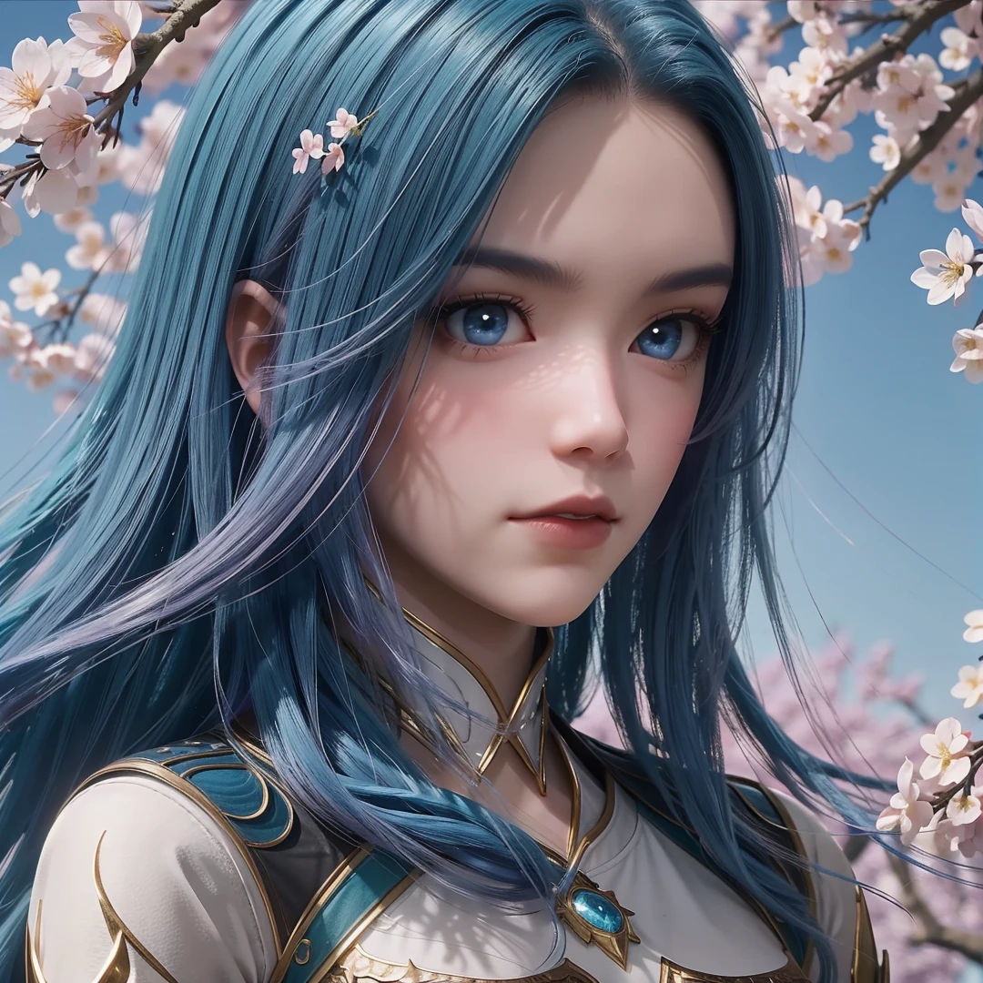 1girl,solo,long hair,blue hair,gradient hair,blue eyes,dress,outdoors,cherry blossoms,ocean,sky,((sunlight)),((glowing)),in (blurry_foreground),Highly detailed,(ultra-detailed),(best quality,masterpiece:1.5),