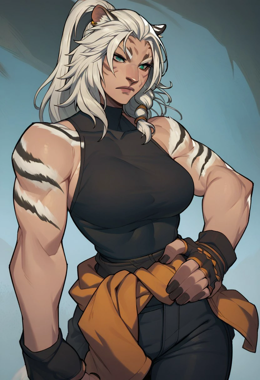 score_9, score_8_up, score_7_up, 1girl, white hair, ponytail, tall female, toned, large breast, tiger pattern, tiger tail, green eyes, facial marks, female hrothgar, tiger ears, black sleeveless shirt, bare shoulders, fingerless gloves, black nail, black pants, jacket tied around waist, 1 hand on hip, solo, solo focus, cowboy shot