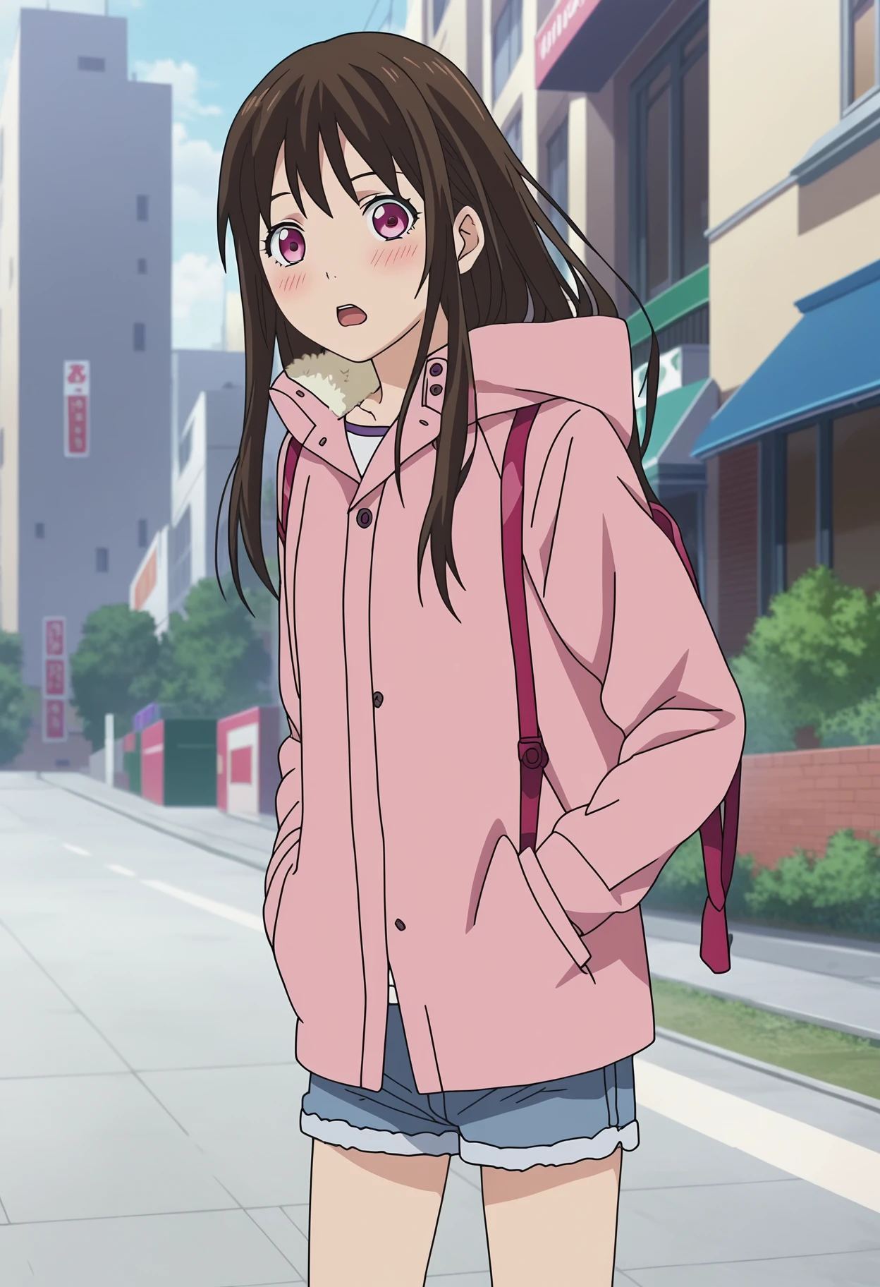 score_9, score_8_up, score_7_up, source_anime, rating_explicit,
BREAK
1girl, solo,
anime screencap, anime coloring,
<lora:shikiV1-000009:0.8>, pinkcasual, long hair, brown hair, pink eyes, 
coat, shorts,
looking at viewer, blush, open mouth, 
outdoors,