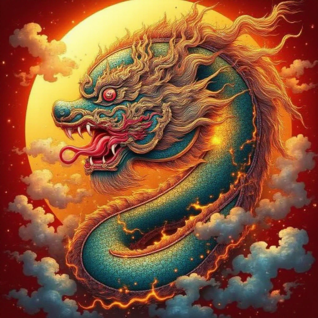 <lora:thaiunique_ai_epoch_2:1.5>,An intricately detailed depiction of a mythical Thai dragon (or Naga), with vibrant, ornate scales and flowing, fiery mane, encircled by a glowing golden sun. The dragonâs head is fierce, with glowing eyes, sharp fangs, and a dynamic pose. The design is in the style of traditional Thai art, combining elements of fluid motion and decorative complexity. Fiery details weave through the scene, adding energy and power to the image, all against a rich red and gold background